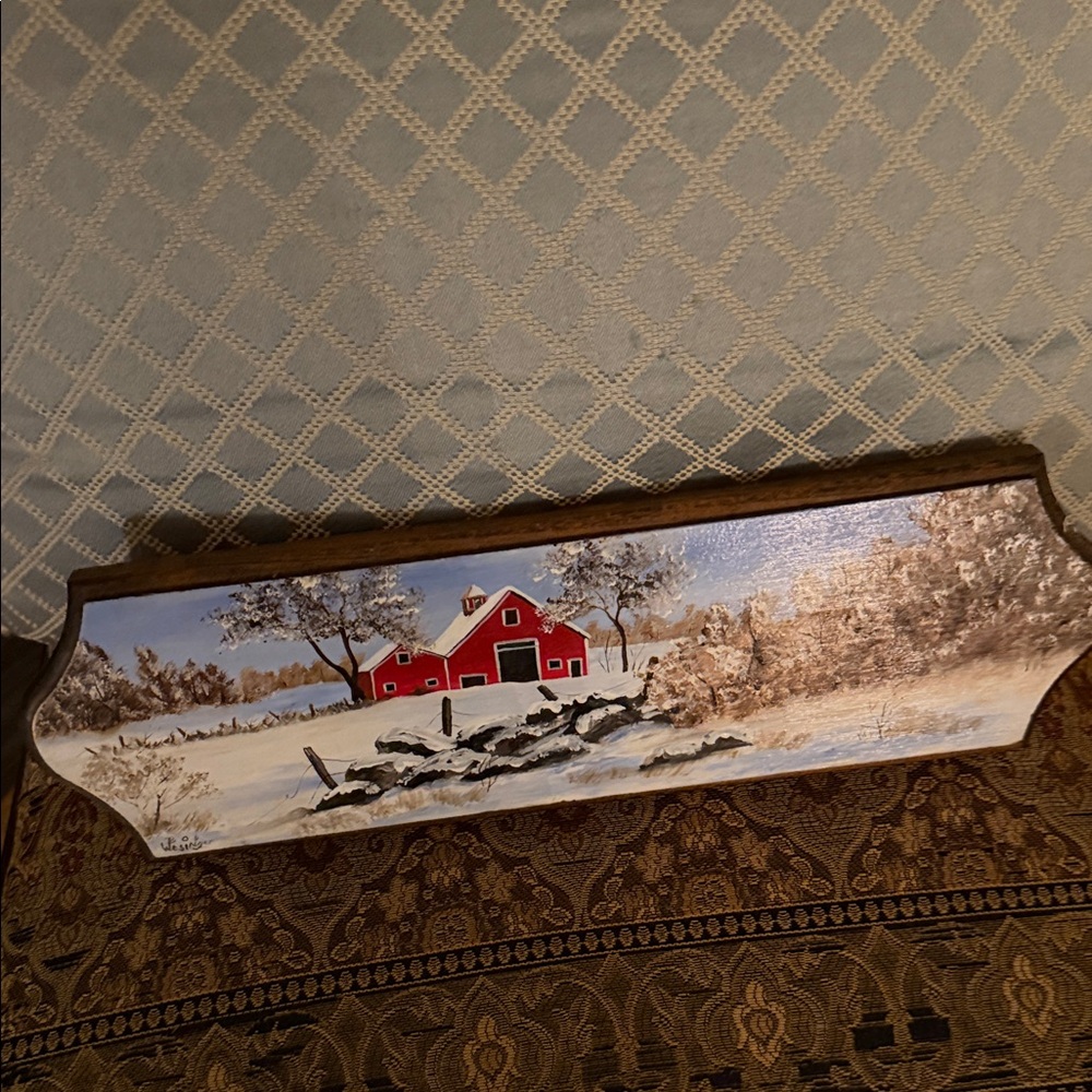 Handpainted Winter Barn Wall Plaque - Red Barn